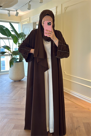 Kolları Taş Büzgü Detaylı Abaya - Kahve (ŞAL HEDİYELİ )