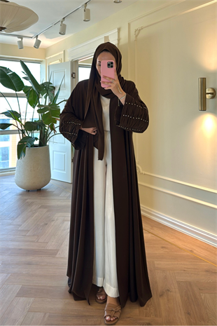 Kolları Taş Büzgü Detaylı Abaya - Kahve (ŞAL HEDİYELİ )