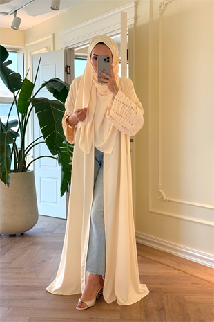 Kolları Taş Büzgü Detaylı Abaya - Krem (ŞAL HEDİYELİ )