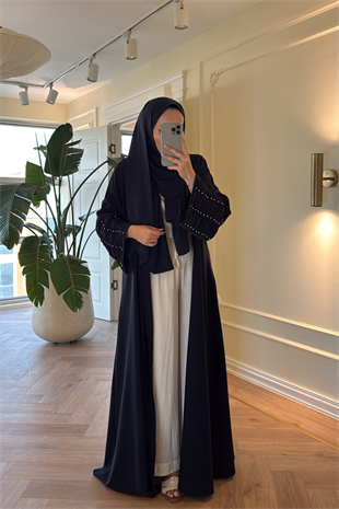 Kolları Taş Büzgü Detaylı Abaya - Lacivert (ŞAL HEDİYELİ )