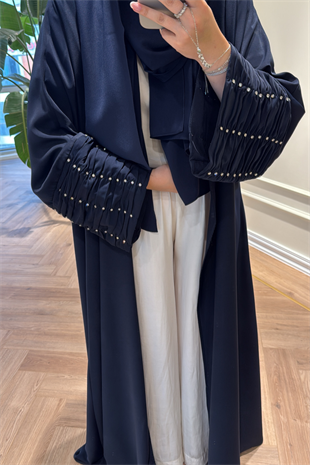 Kolları Taş Büzgü Detaylı Abaya - Lacivert (ŞAL HEDİYELİ )