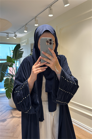 Kolları Taş Büzgü Detaylı Abaya - Lacivert (ŞAL HEDİYELİ )