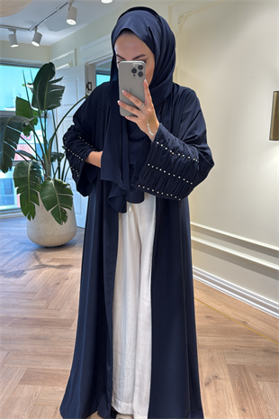Kolları Taş Büzgü Detaylı Abaya - Lacivert (ŞAL HEDİYELİ )