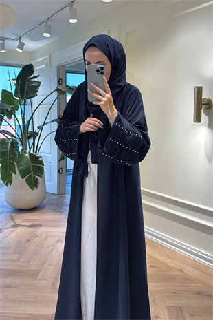 Kolları Taş Büzgü Detaylı Abaya - Lacivert (ŞAL HEDİYELİ )