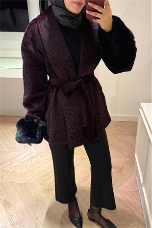 Kolları Tüylü Leopar Desenli Kaban-Bordo