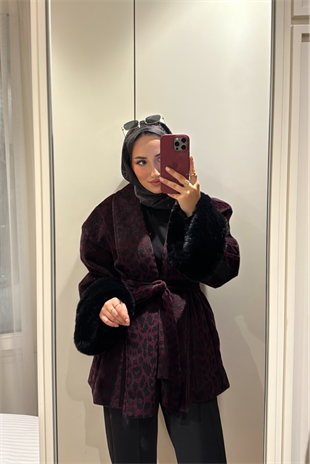 Kolları Tüylü Leopar Desenli Kaban-Bordo