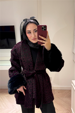 Kolları Tüylü Leopar Desenli Kaban-Bordo