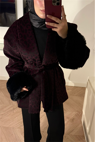 Kolları Tüylü Leopar Desenli Kaban-Bordo