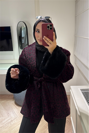 Kolları Tüylü Leopar Desenli Kaban-Bordo