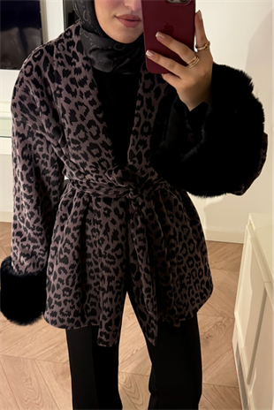 Kolları Tüylü Leopar Desenli Kaban-Vizon