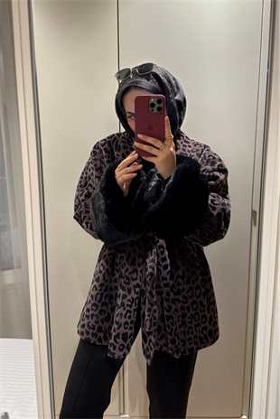 Kolları Tüylü Leopar Desenli Kaban-Vizon
