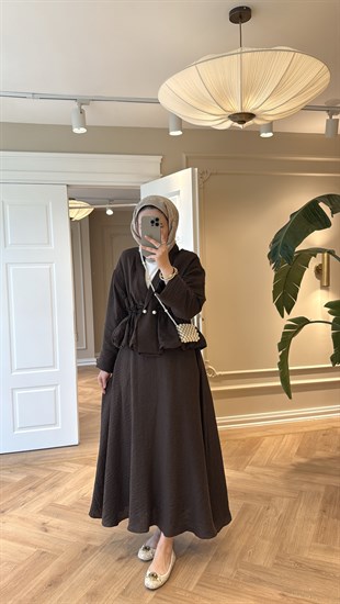 Layla İncili Büzgülü Müslin Takım Soft Kahve