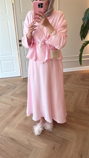Layla Büzgülü Tencel Takım Soft Pembe