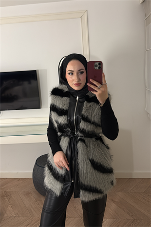 Leila Premium Desenli Kürk Yelek-Gri