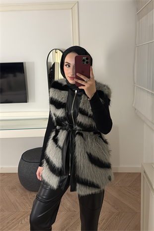 Leila Premium Desenli Kürk Yelek-Gri