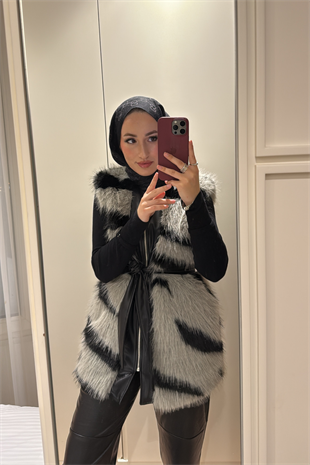 Leila Premium Desenli Kürk Yelek-Gri
