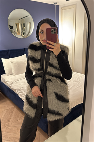 Leila Premium Desenli Kürk Yelek-Gri