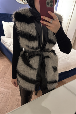 Leila Premium Desenli Kürk Yelek-Gri