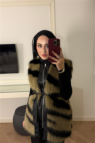 Leila Premium Desenli Kürk Yelek-Kahve