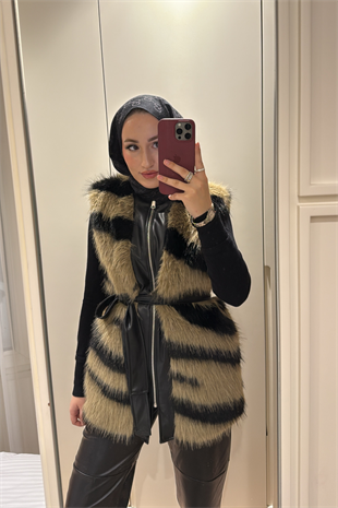 Leila Premium Desenli Kürk Yelek-Kahve