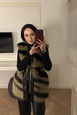 Leila Premium Desenli Kürk Yelek-Kahve