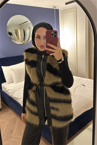 Leila Premium Desenli Kürk Yelek-Kahve
