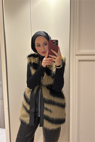 Leila Premium Desenli Kürk Yelek-Kahve
