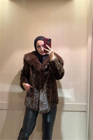 Leopar Desenli Alpaka Kürk Kahverengi