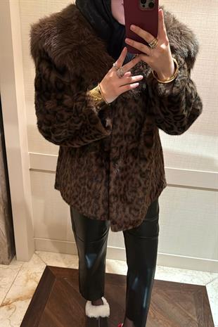 Leopar Desenli Alpaka Kürk Kahverengi