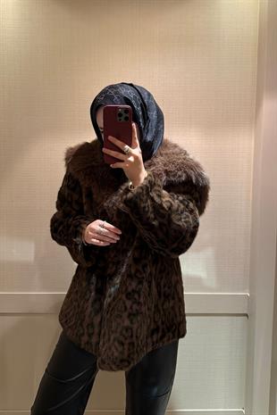 Leopar Desenli Alpaka Kürk Kahverengi