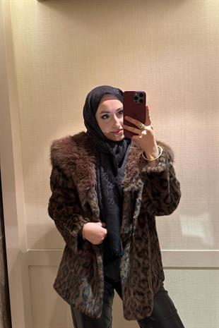 Leopar Desenli Alpaka Kürk Kahverengi
