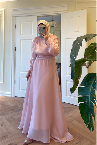 Lidya Simli Organze Abiye Elbise - Pudra
