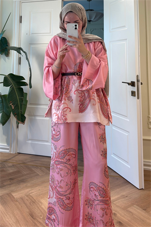 Lilyum Saten Pantolonlu Takım - Pembe