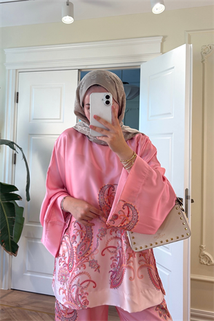 Lilyum Saten Pantolonlu Takım - Pembe