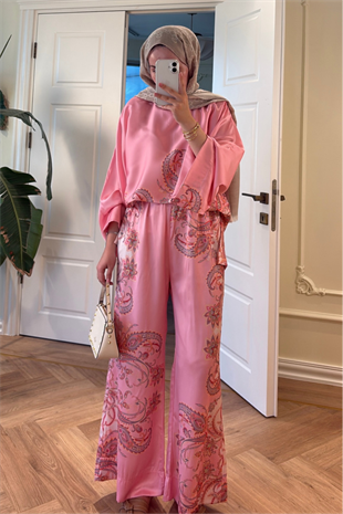 Lilyum Saten Pantolonlu Takım - Pembe