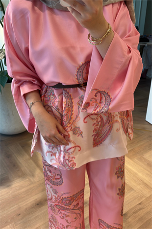 Lilyum Saten Pantolonlu Takım - Pembe