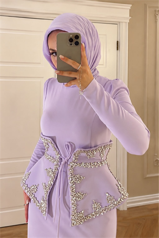 Lissa Swarovski Taş İşlemeli Korseli Abiye Elbise- Lila 