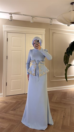 Lissa Swarovski Taş İşlemeli Korseli Abiye Elbise - Bebe Mavisi (Ön Sipariş)