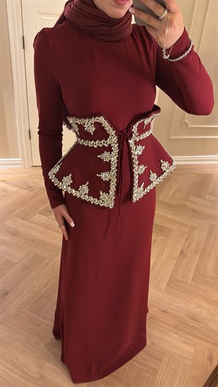 Lissa Swarovski Taş İşlemeli Korseli Abiye Elbise - Bordo 