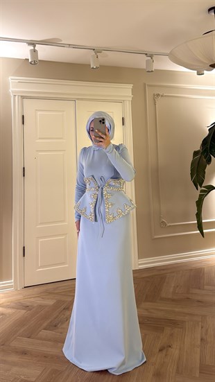 Lissa Swarovski Taş İşlemeli Korseli Abiye Elbise - Bebe Mavisi (Ön Sipariş)