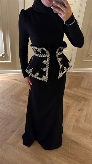 Lissa Swarovski Taş İşlemeli Korseli Abiye Elbise - Siyah (Ön Sipariş)