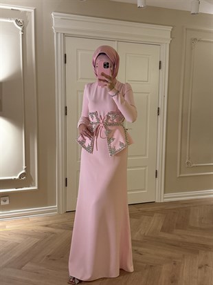 Lissa Swarovski Taş İşlemeli Korseli Abiye Elbise- Pembe 