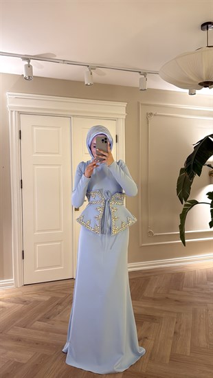 Lissa Swarovski Taş İşlemeli Korseli Abiye Elbise - Bebe Mavisi (Ön Sipariş)