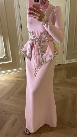 Lissa Swarovski Taş İşlemeli Korseli Abiye Elbise- Pembe 