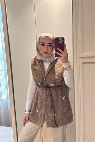 Lucci Kristal Taşlı Kürk Yelek-camel