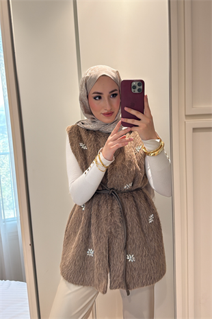Lucci Kristal Taşlı Kürk Yelek-camel