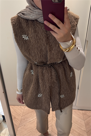 Lucci Kristal Taşlı Kürk Yelek-camel
