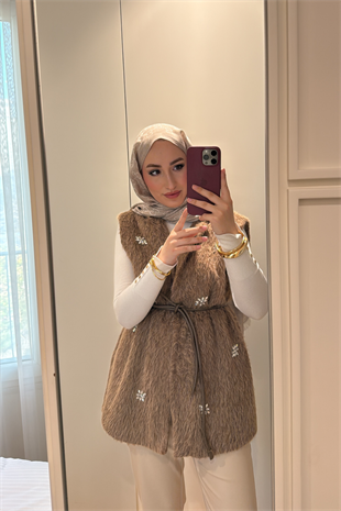 Lucci Kristal Taşlı Kürk Yelek-camel