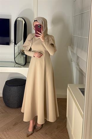 Mavera Taşlı Premium Elbise-Bej 