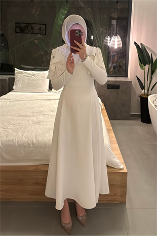 Mavera Taşlı Premium Elbise-Beyaz 
